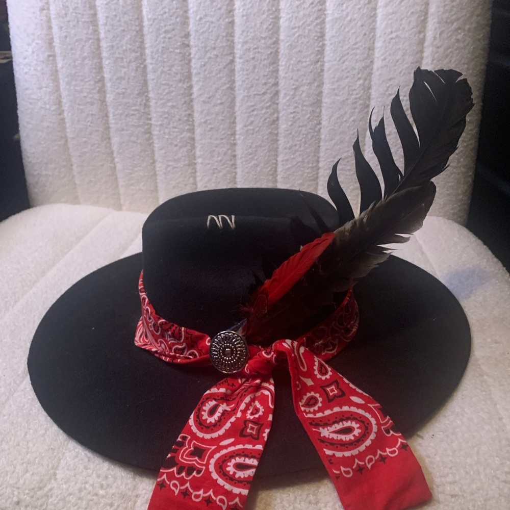 Black Feathered Women's Hat with Red Bandana Accent